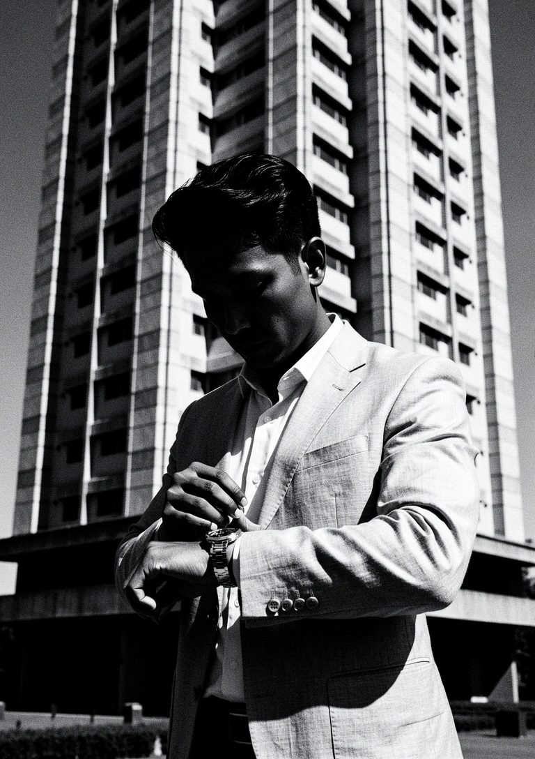 Modern Indonesian man in structured editorial fashion
